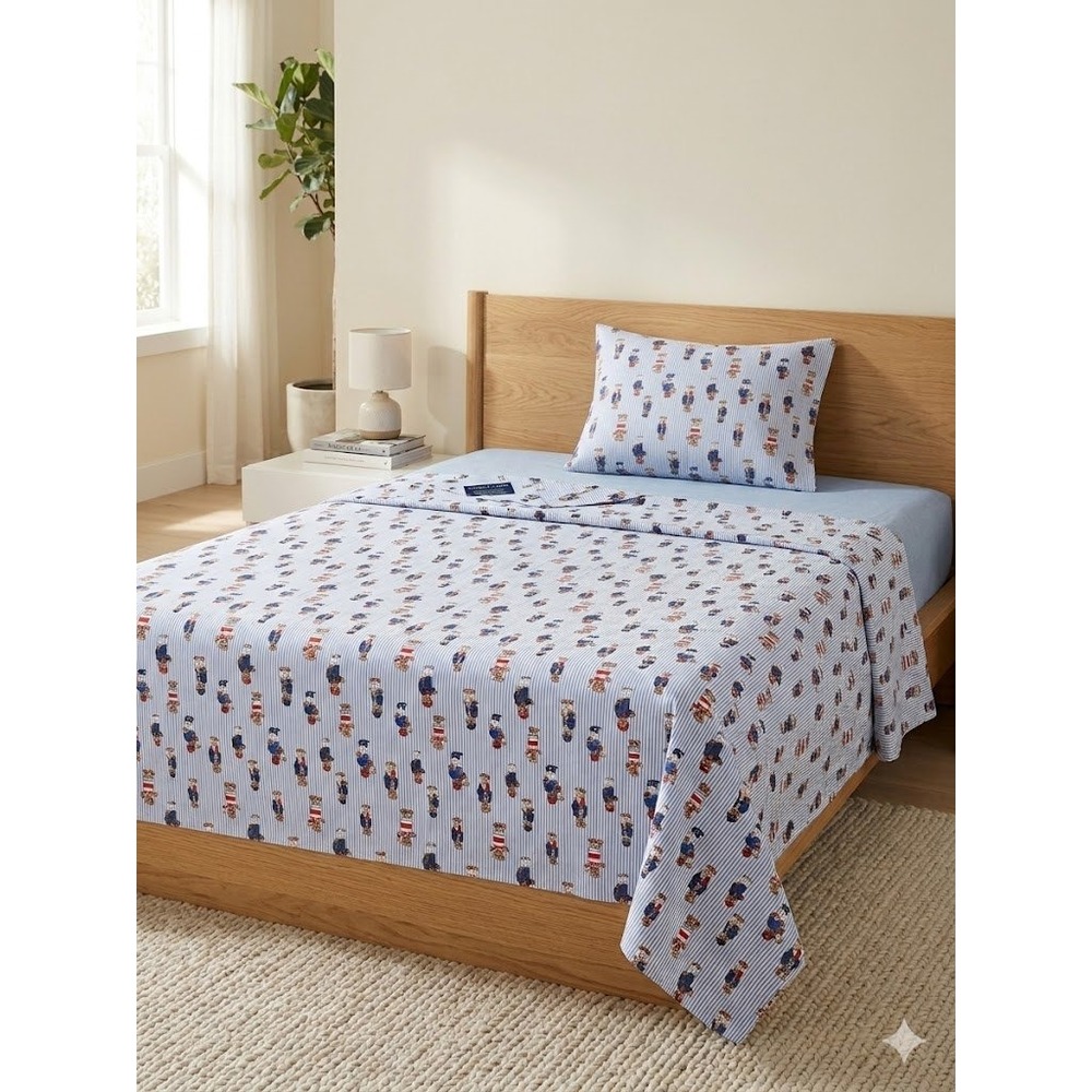 Vintage Ralph Lauren Polo Bear Queen Flat Sheet Standard Pillowcase Blue Stripe